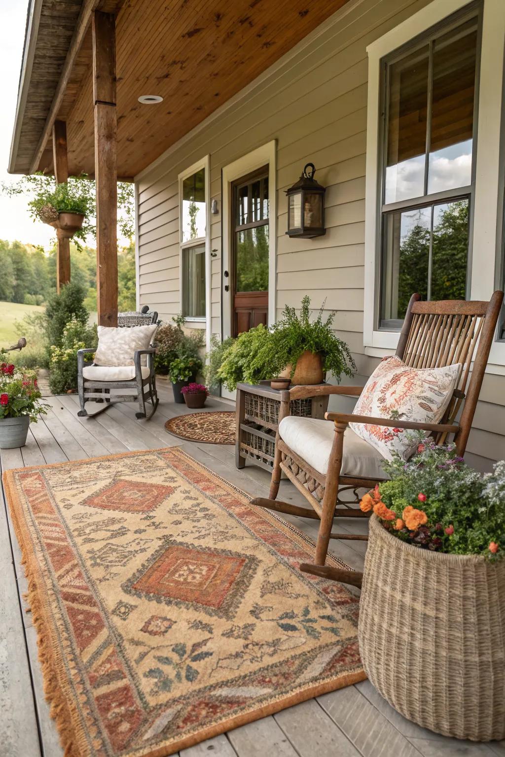 A vintage rug brings warmth and style to any farmhouse porch.