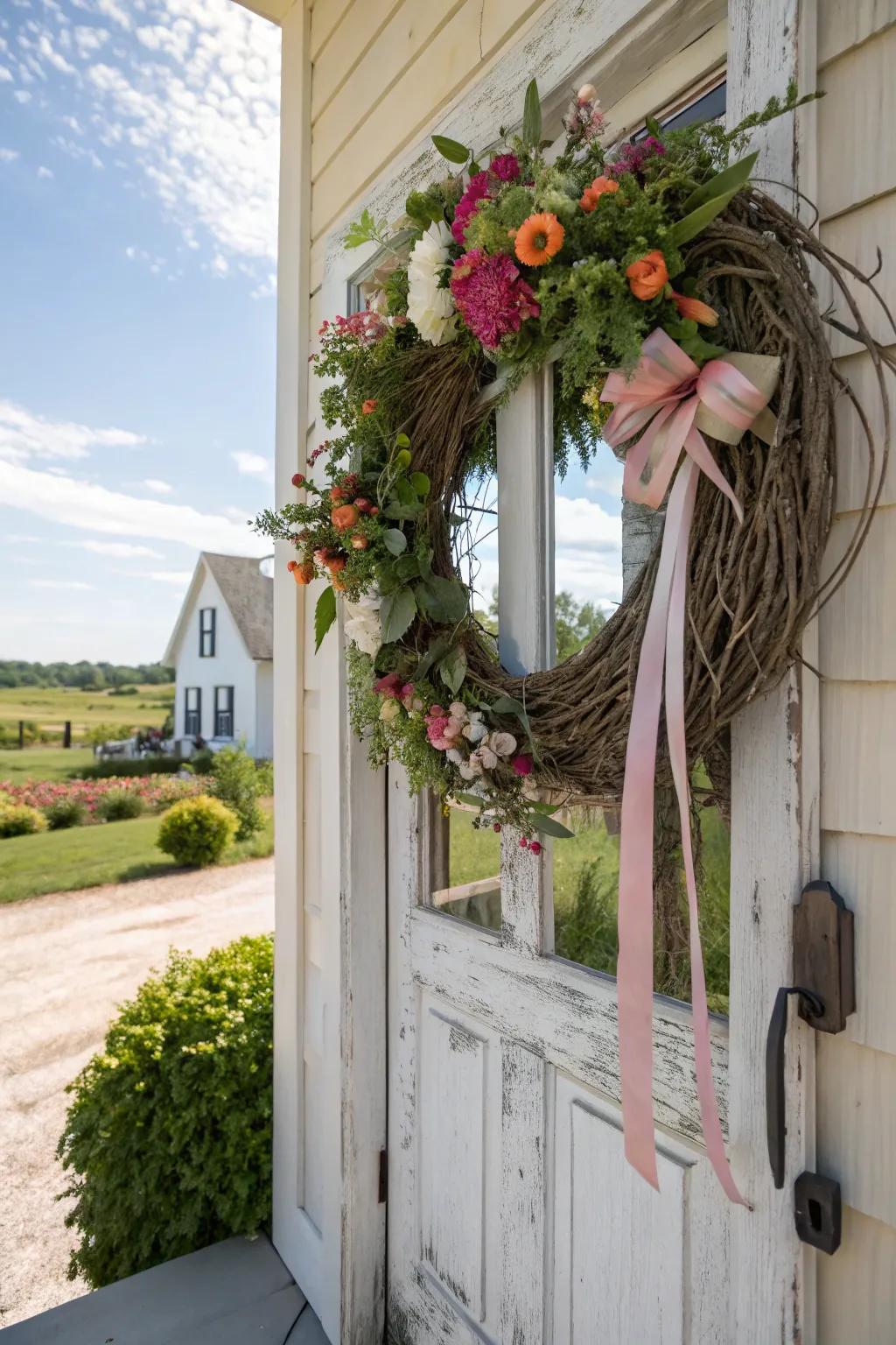 An asymmetrical floral wreath for a touch of whimsy.