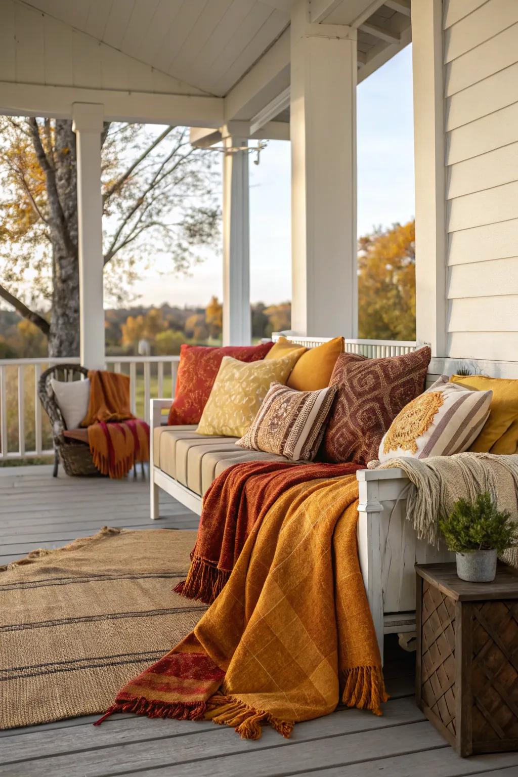Cozy textiles invite you to linger on the porch.