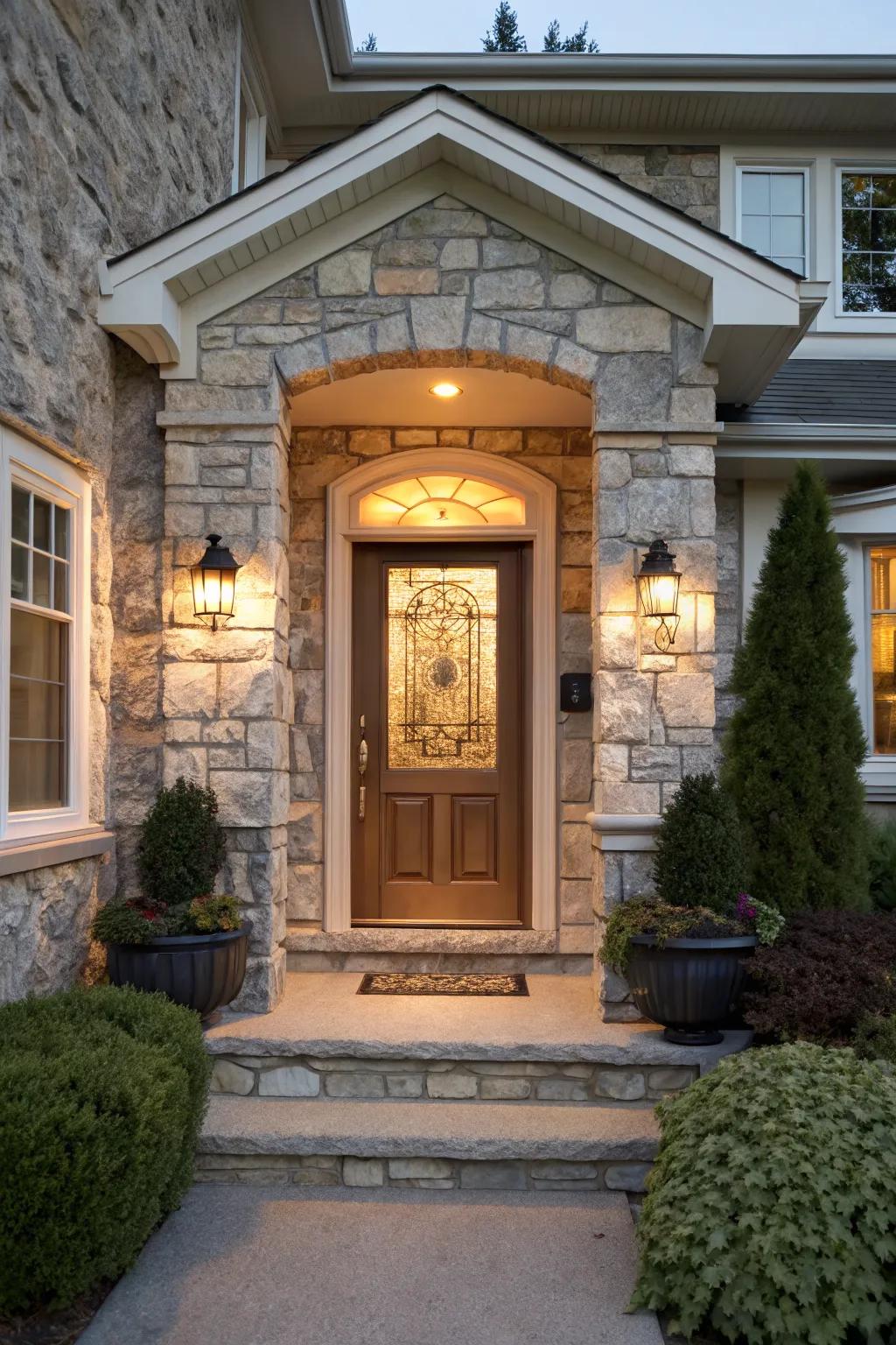An elegant entryway with faux stone accents