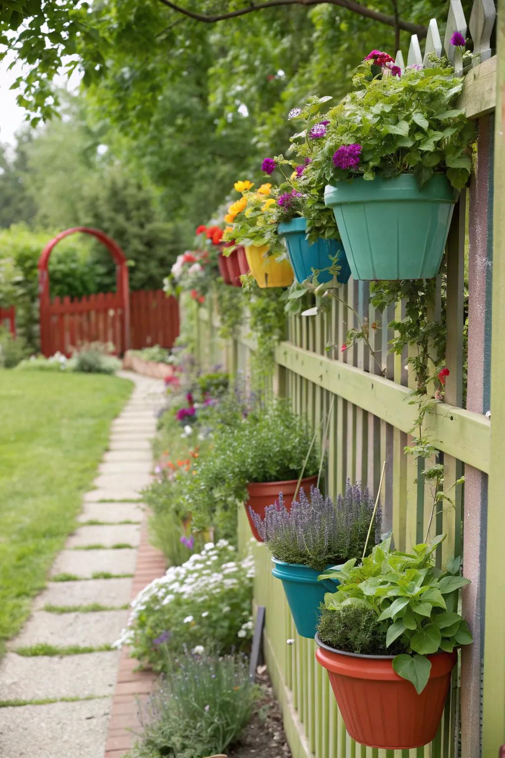 A fence transformed into a vertical garden with vibrant hanging planters.