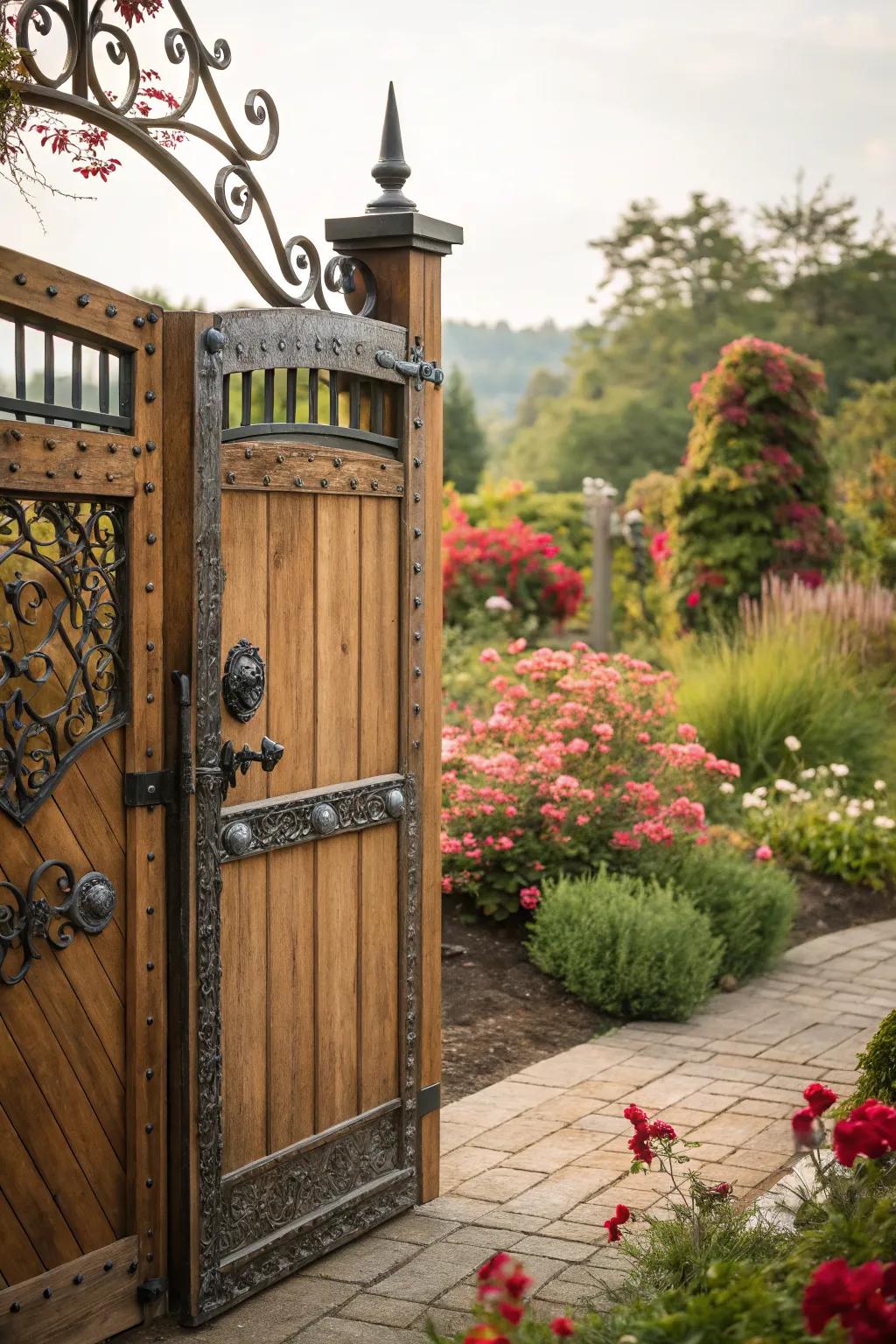 Mixing wood and metal creates a stylish and robust gate.