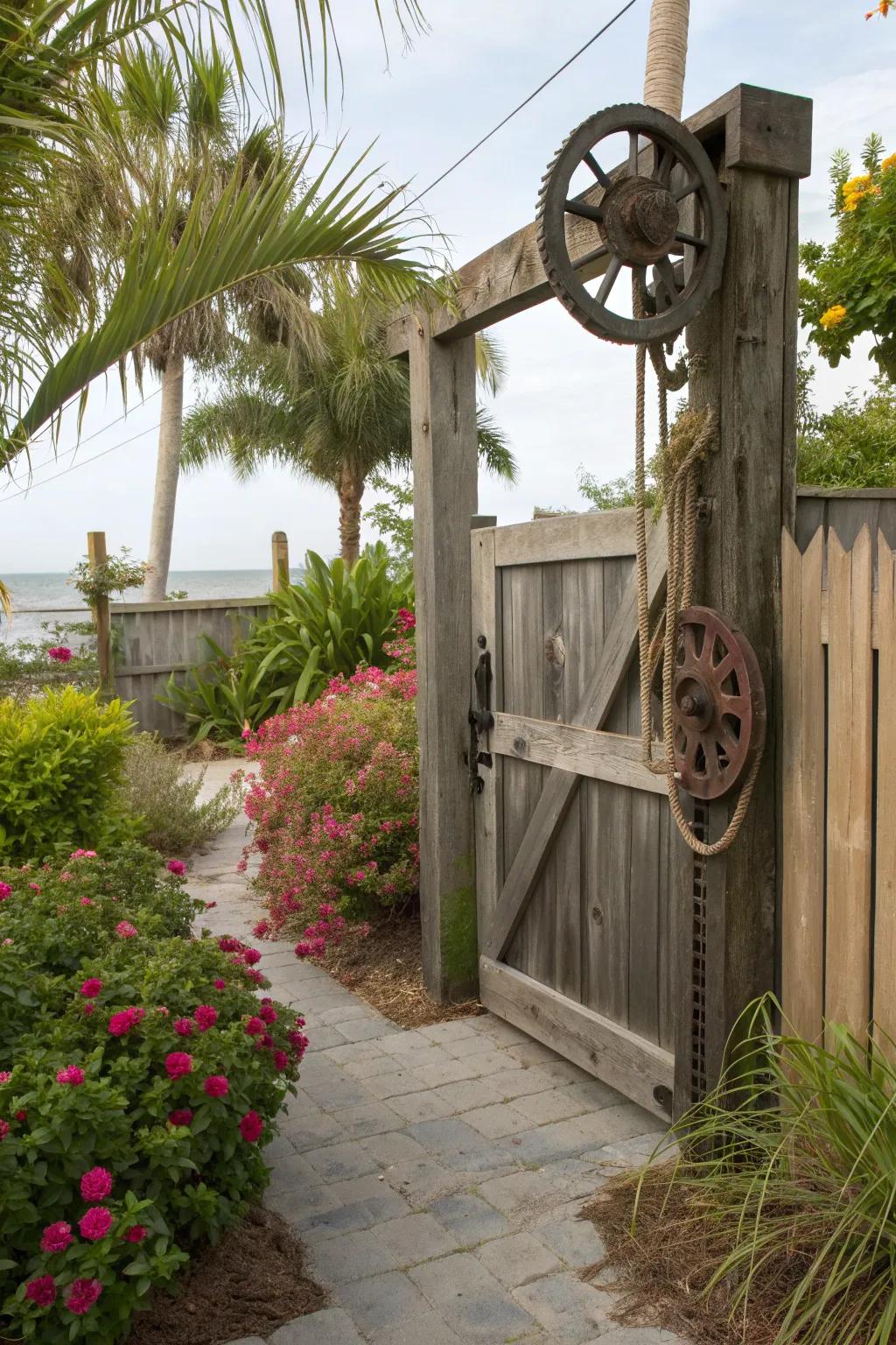 A DIY rope and pulley latch brings a nautical vibe to your outdoor space.