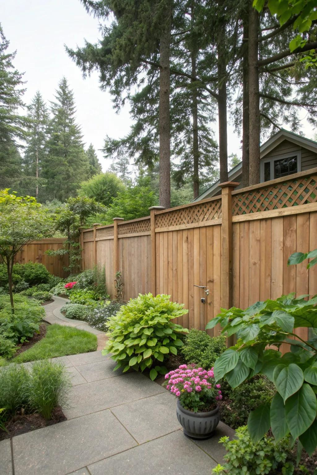A tall wooden fence provides privacy and a natural backdrop.