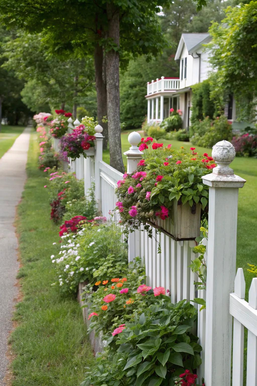 Fence posts transformed into vibrant vertical gardens.