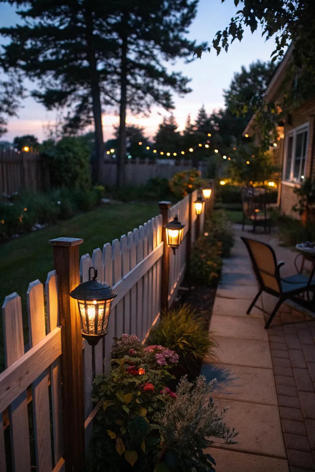 Solar light toppers casting a warm glow over a backyard fence.