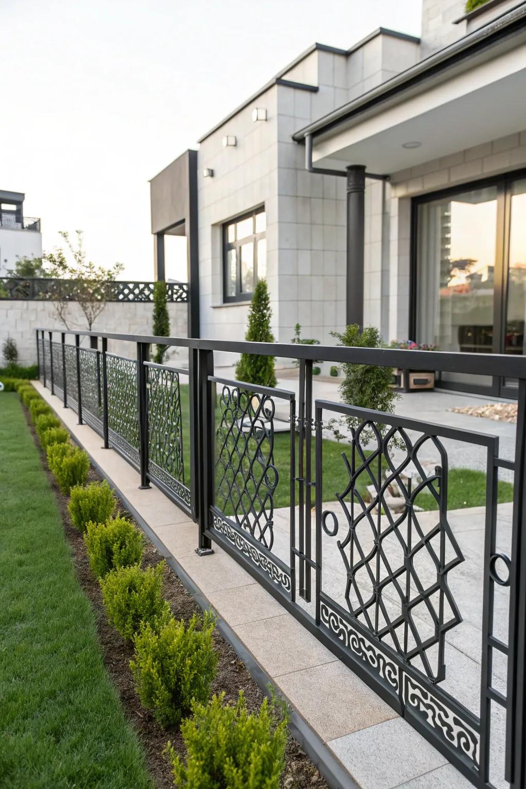 Geometric metal railings add a playful touch to outdoor spaces.