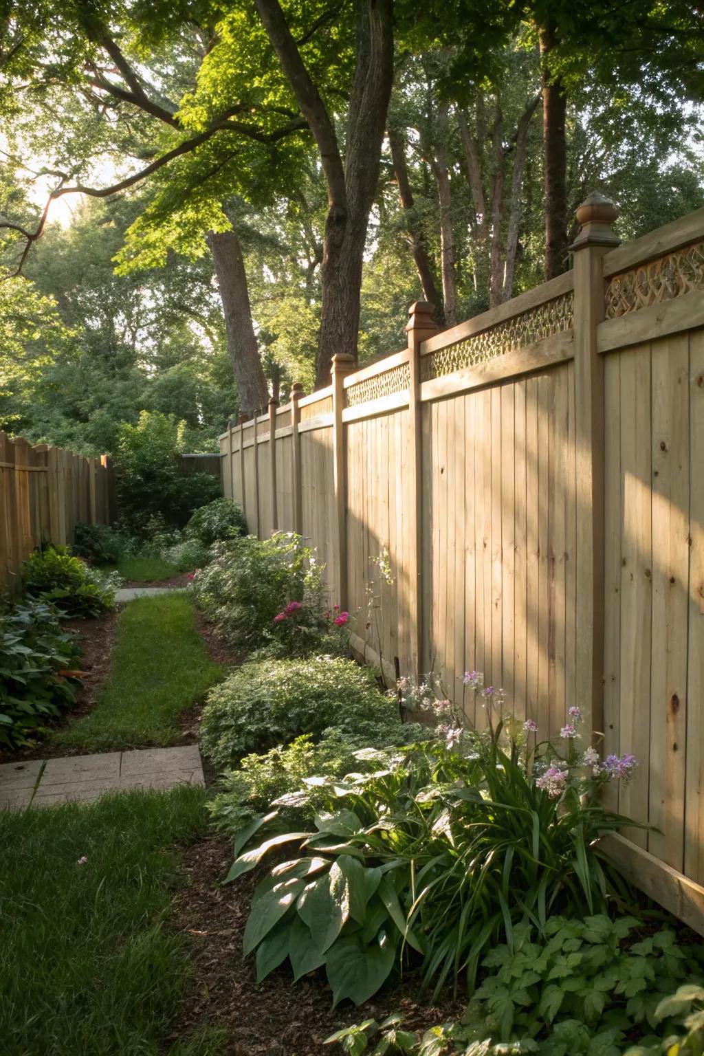 A light pine stained fence gently illuminated by dappled sunlight.