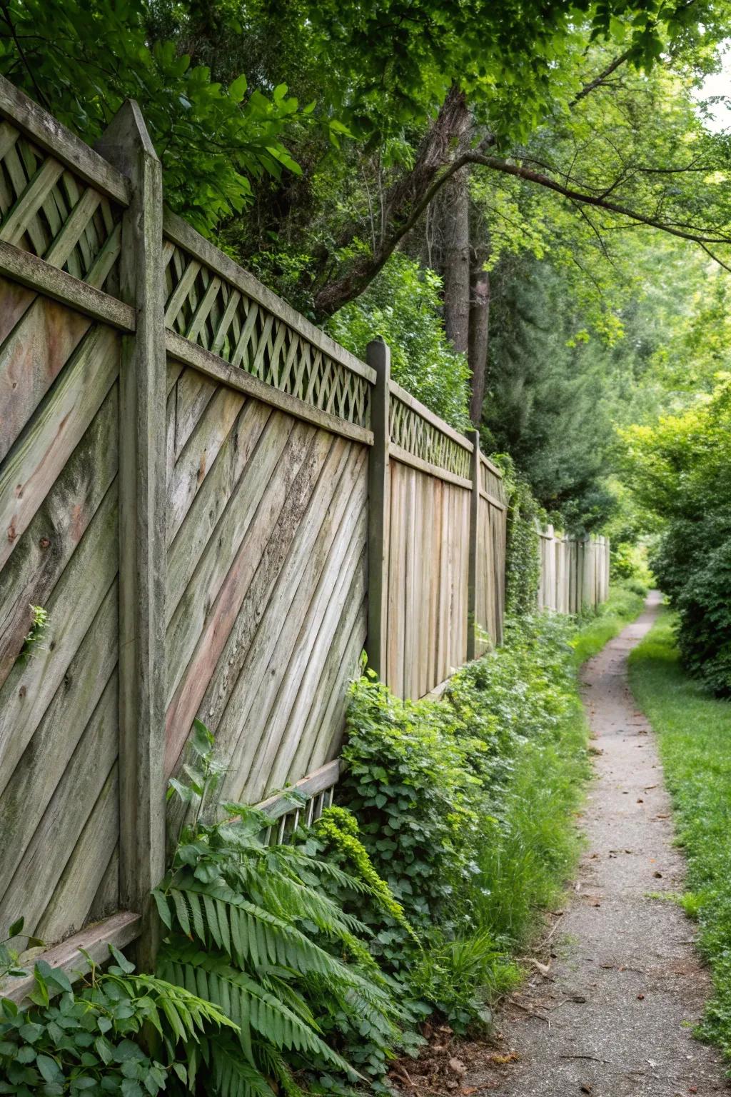 Diagonal slats add a stylish twist to privacy fences.