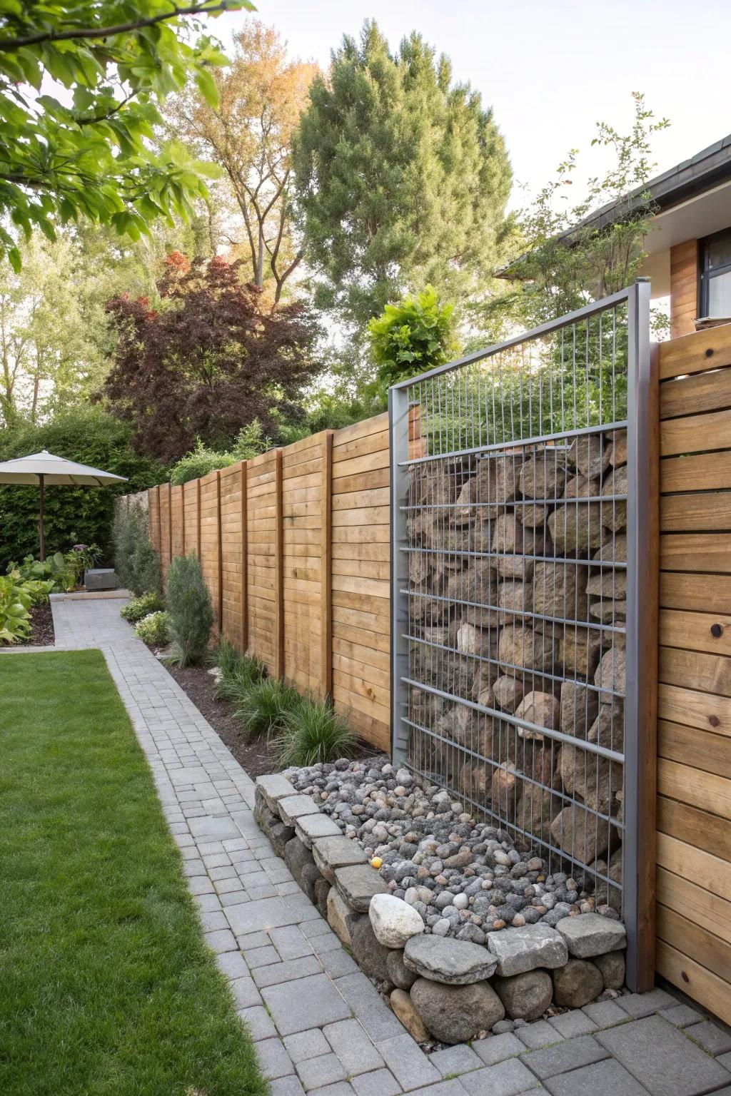 Gabion walls offer a natural and modern aesthetic.