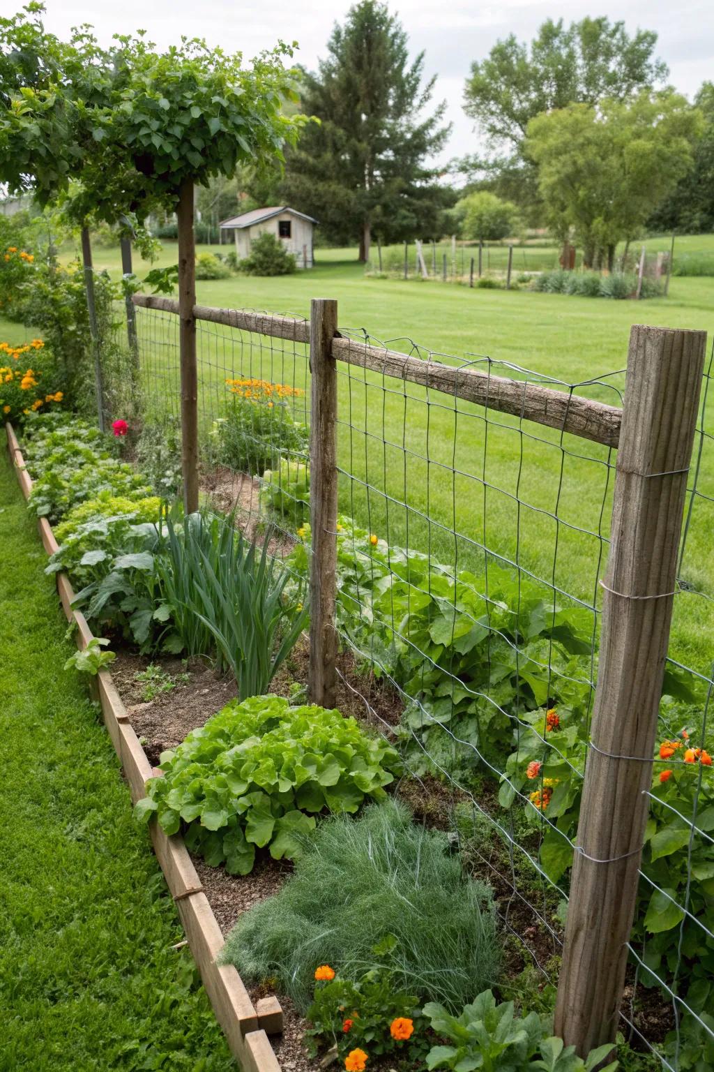 A simple yet effective wire and post fence for a vegetable garden.