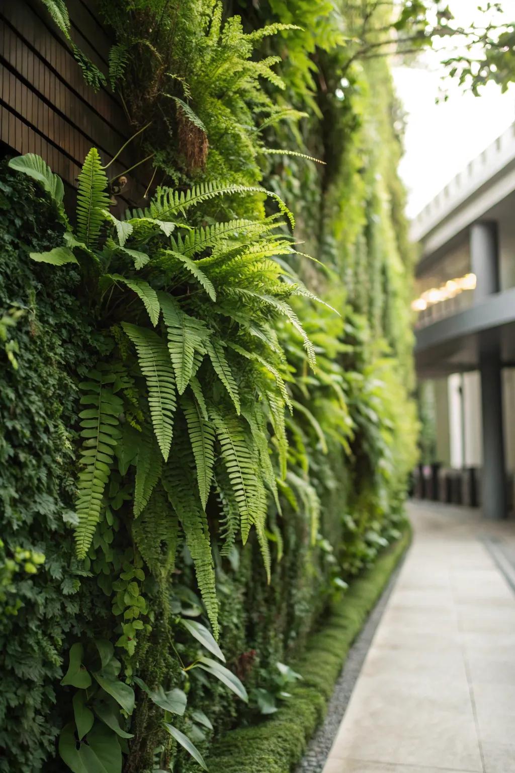 Vertical garden with ferns transforms a plain wall into a lush masterpiece.