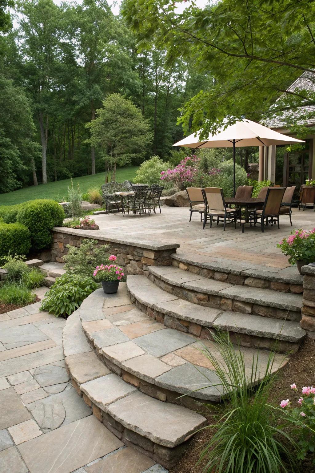 Multi-level patios add depth and functionality.