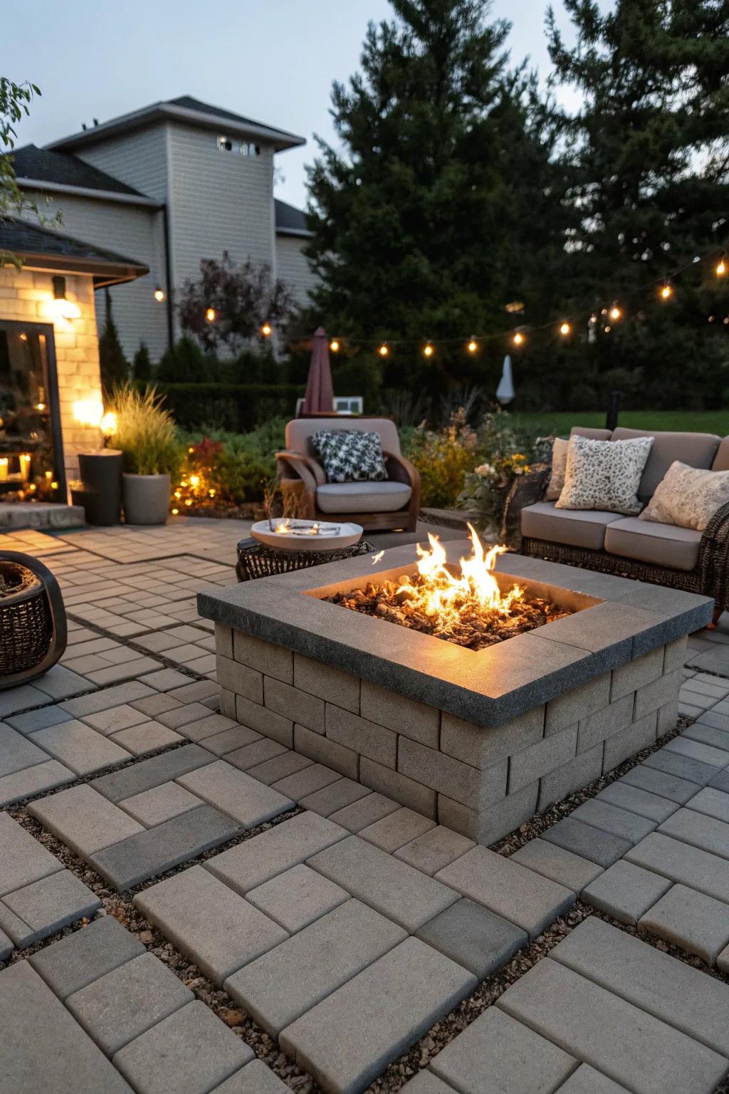 Paver bases create a sleek and modern fire pit aesthetic.