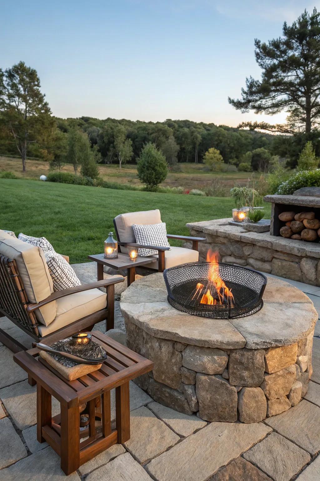 A rustic stone fire pit ideal for communal cooking.