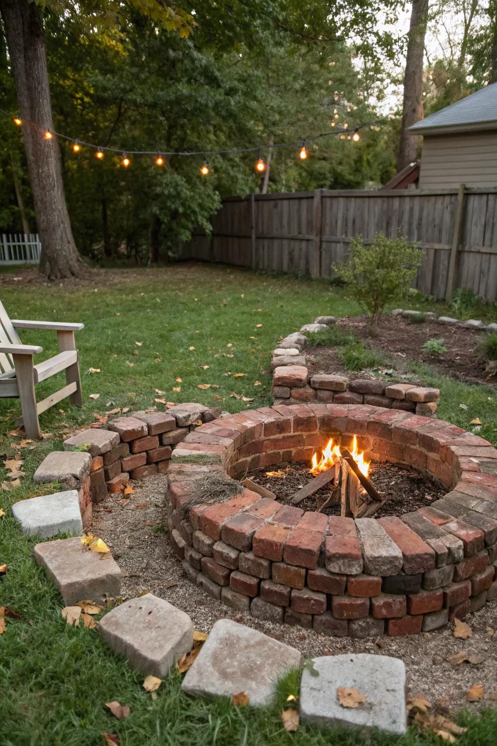 A charming repurposed brick fire pit adding character to a rustic backyard.