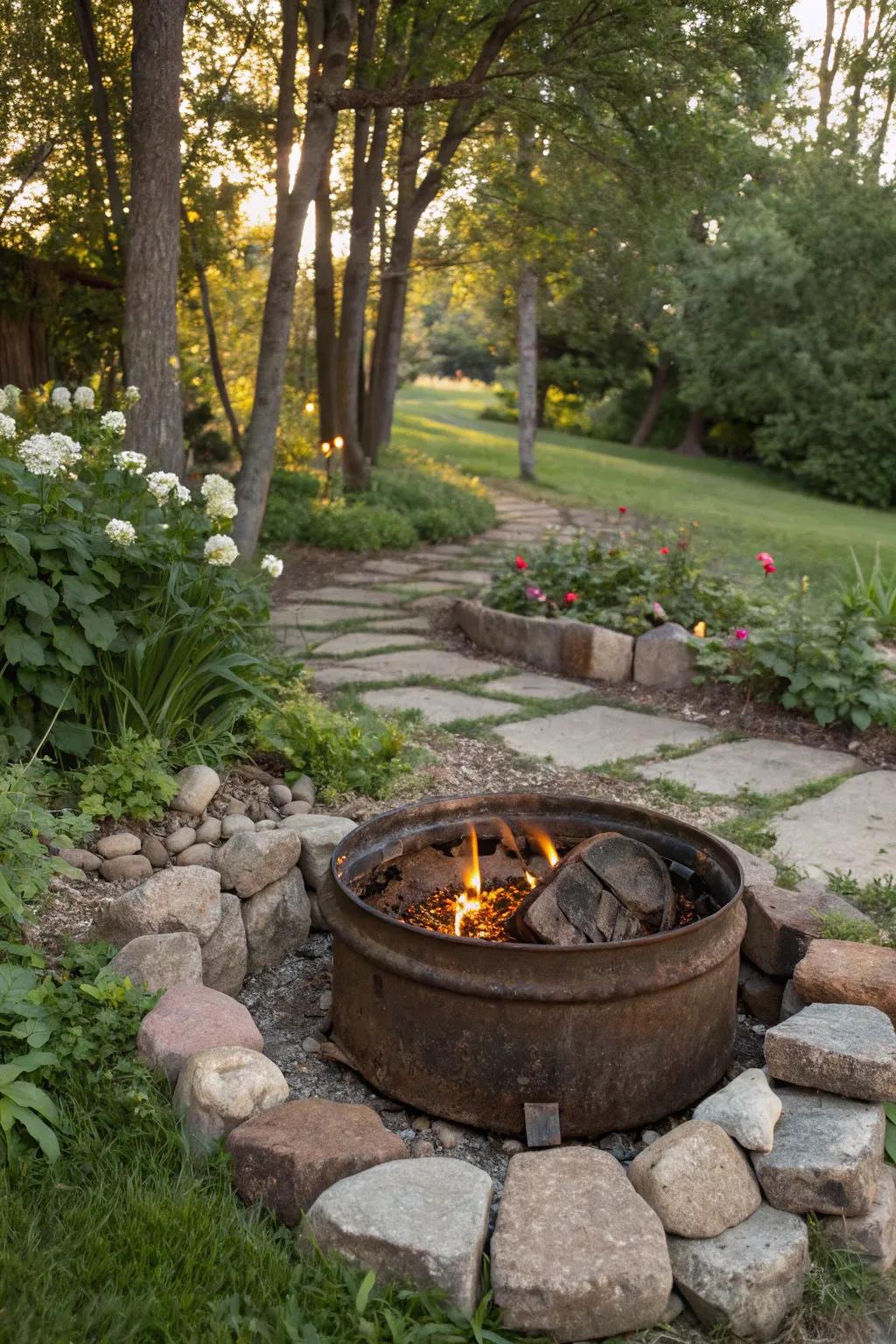 A rustic fire pit crafted from wheel rims.
