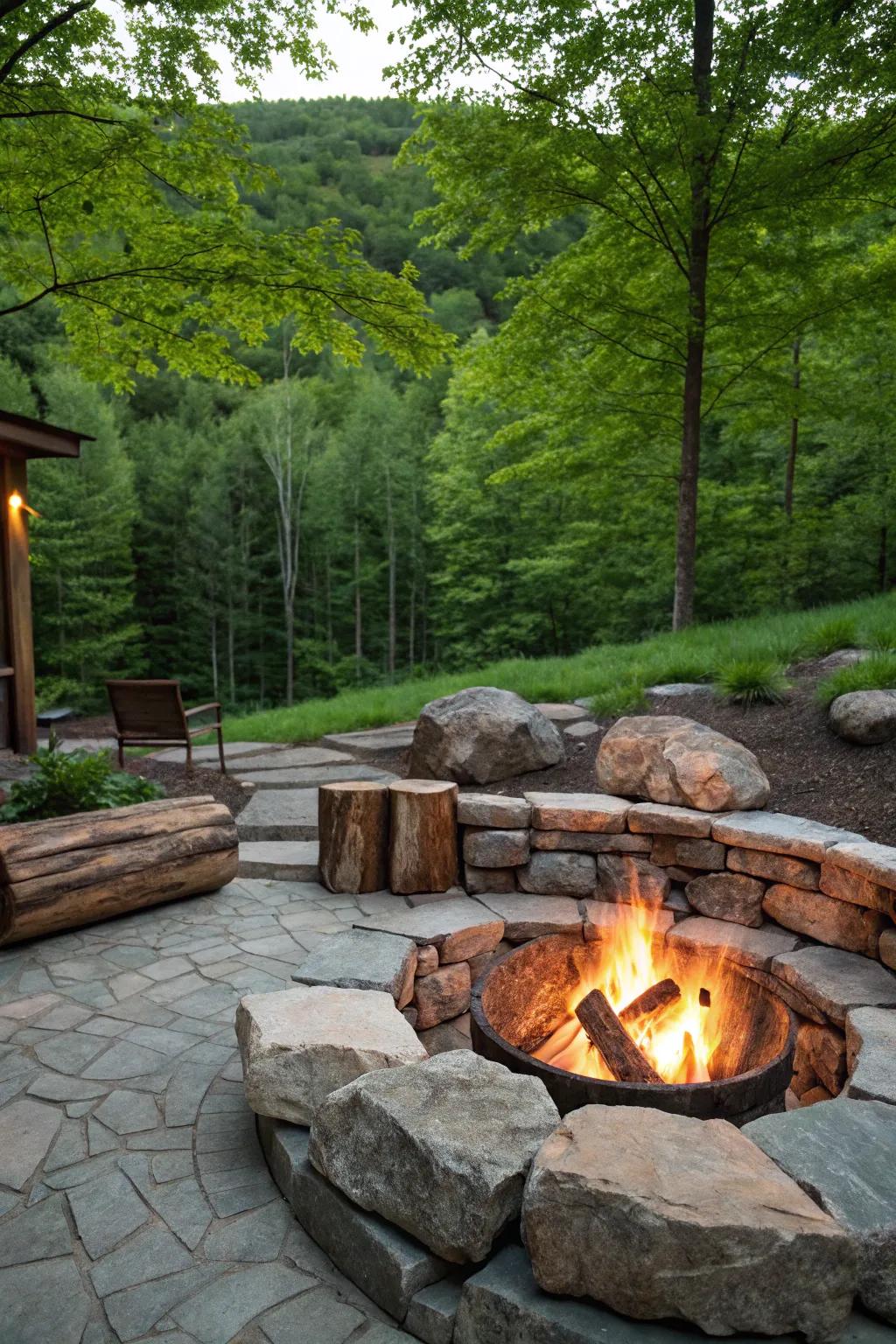 Natural elements create a harmonious and rustic fire pit setting.