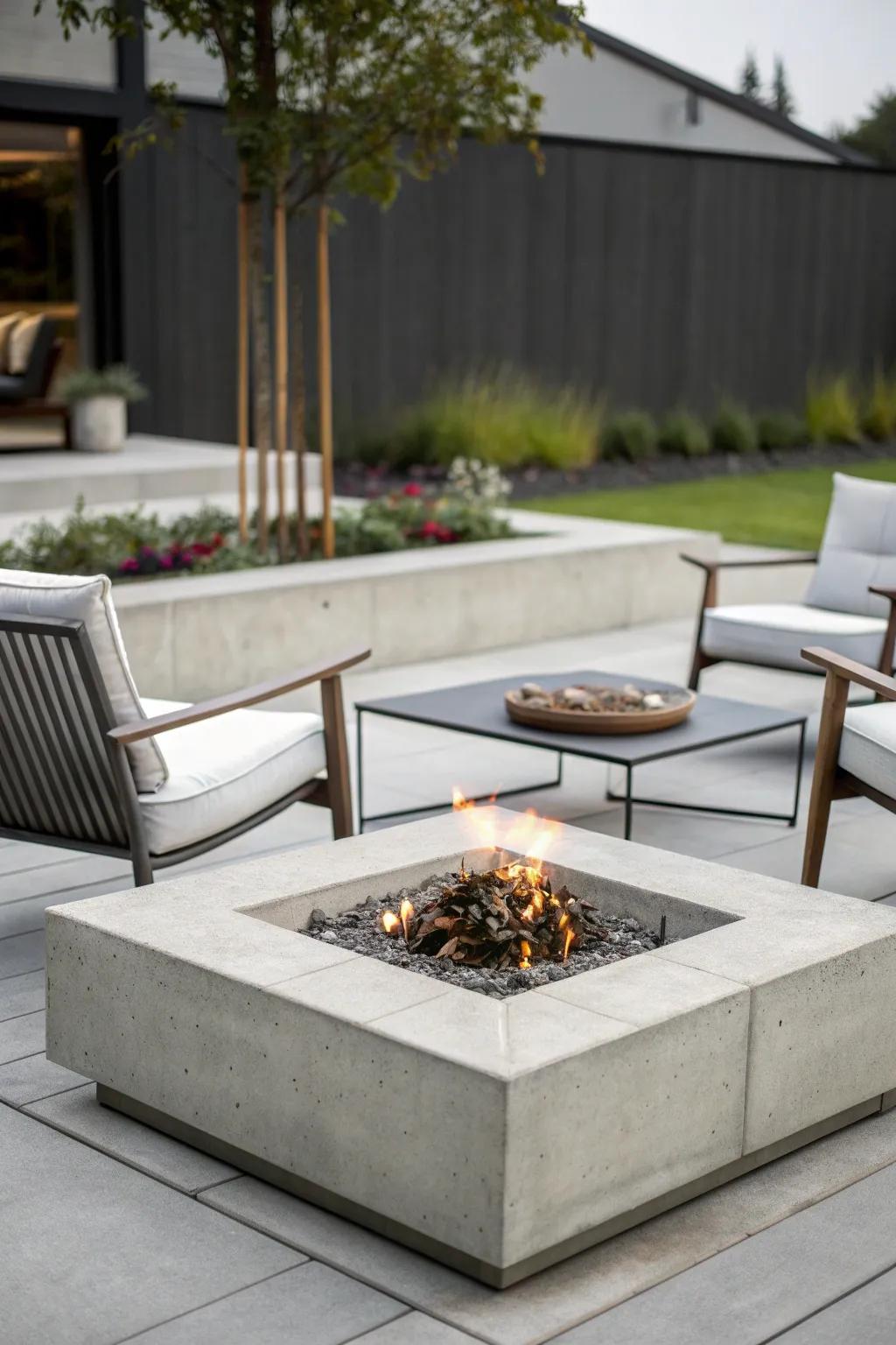 A sleek and modern patio featuring a concrete fire pit and minimalist furniture.