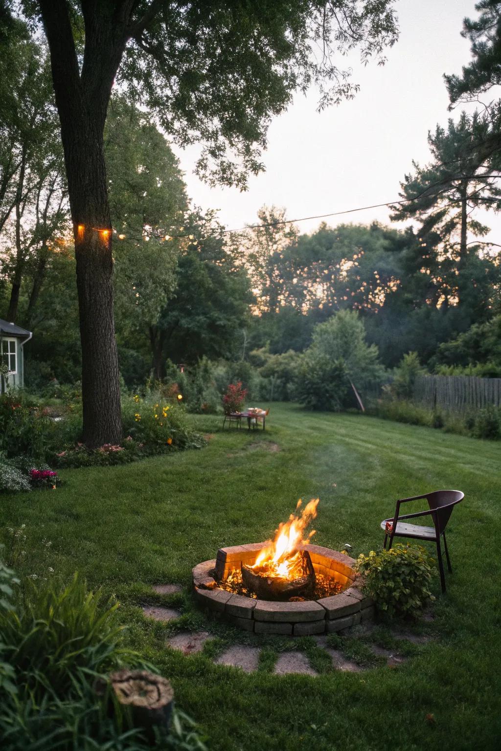 A fire pit nestled in a grassy area, perfect for an evening retreat surrounded by nature.