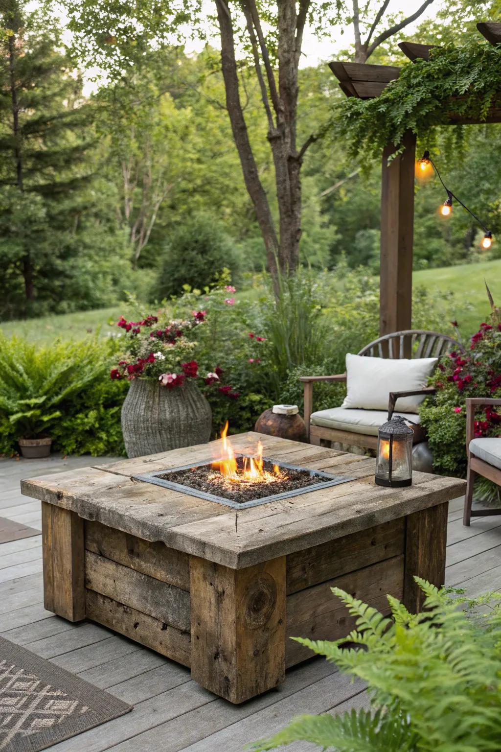 Add rustic charm to your garden with a reclaimed wood fire pit table.