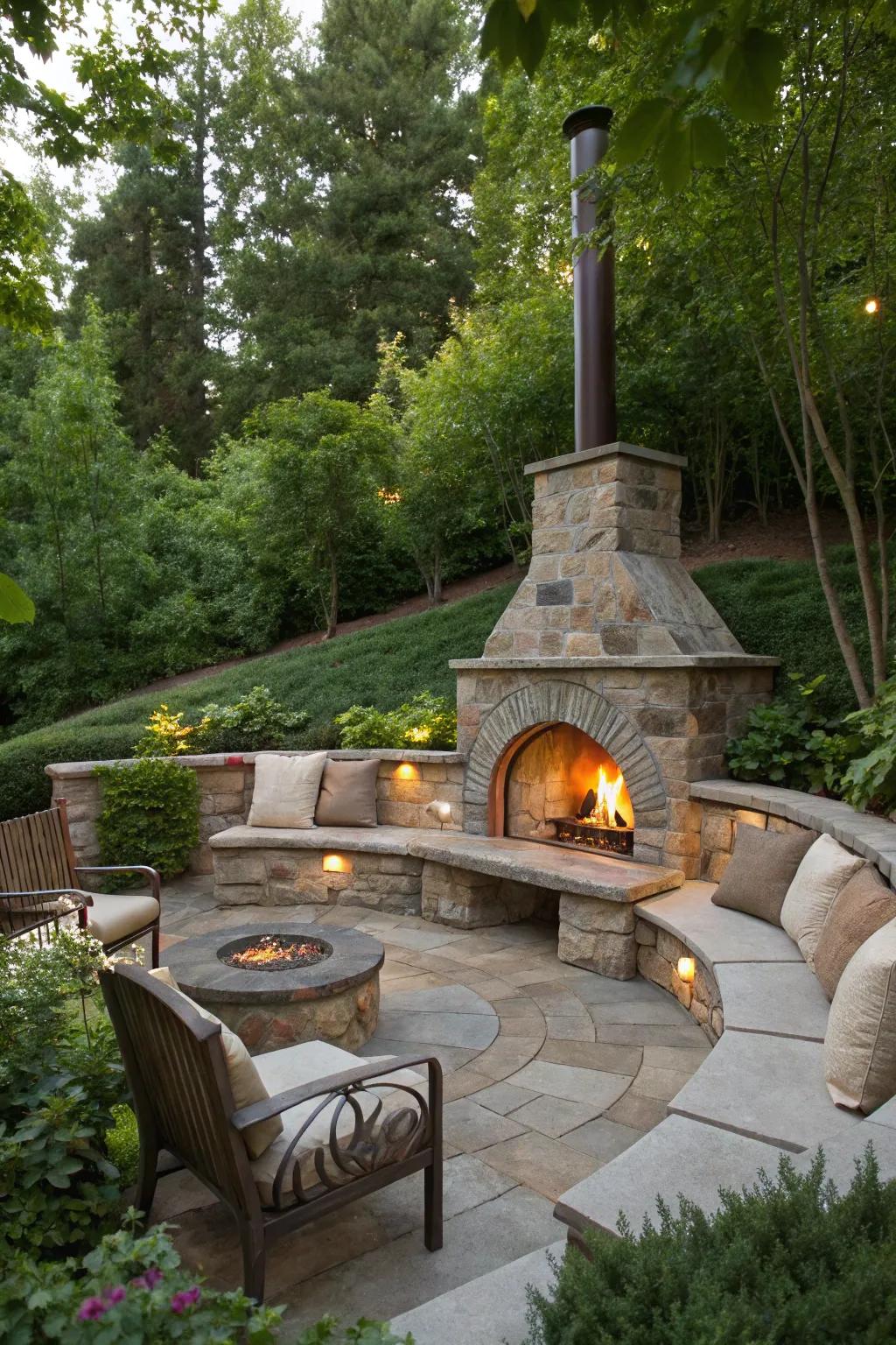 A sunken fire pit with a chimney creates an intimate and immersive outdoor experience.