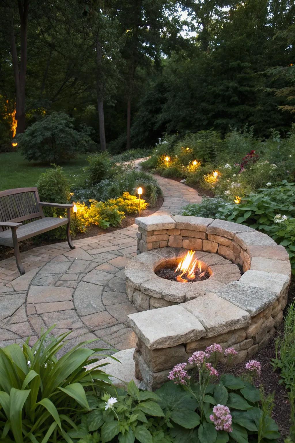 Integrated seating around a fire ring creates a welcoming gathering spot.