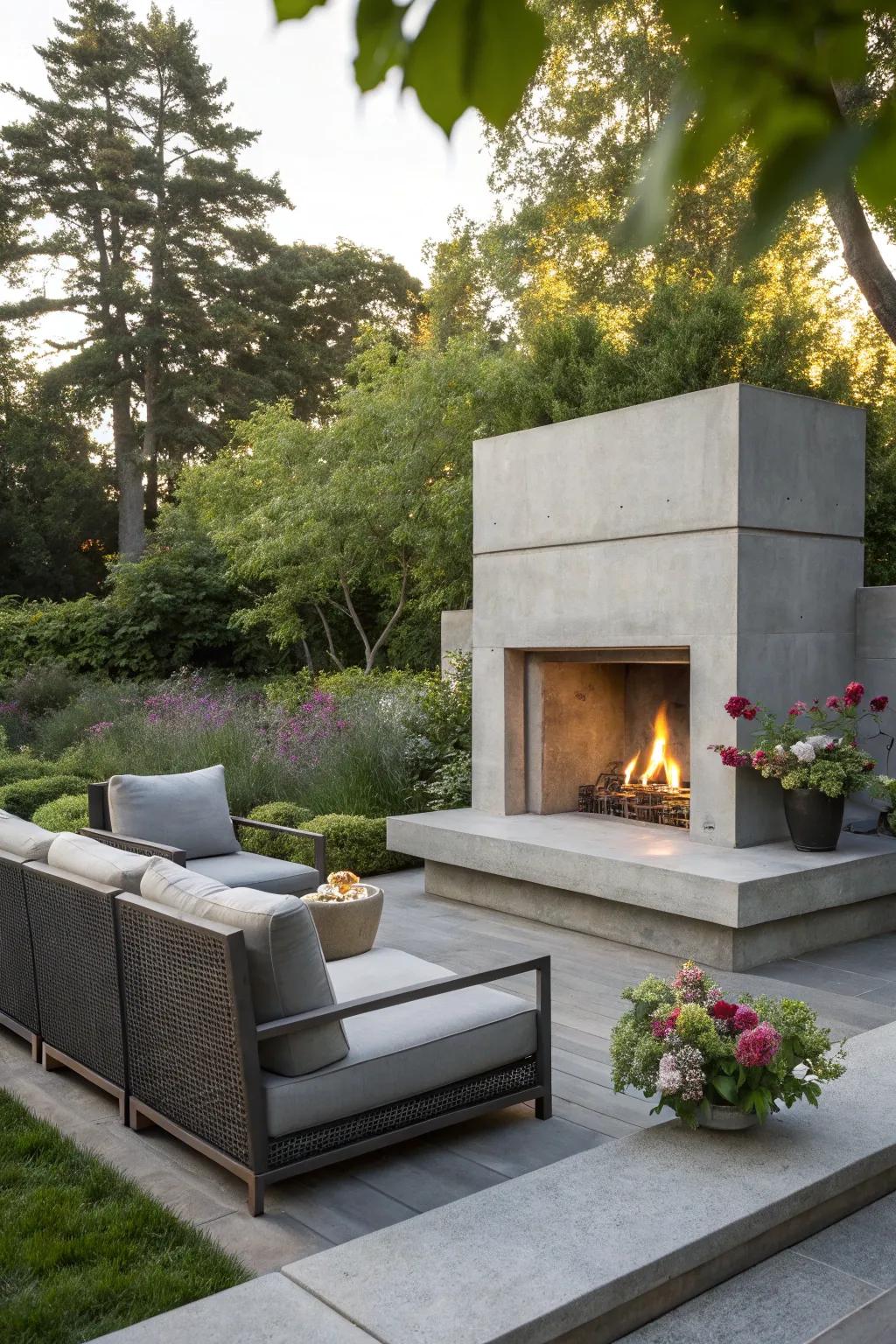 A sleek concrete fireplace offering a modern aesthetic to the garden.
