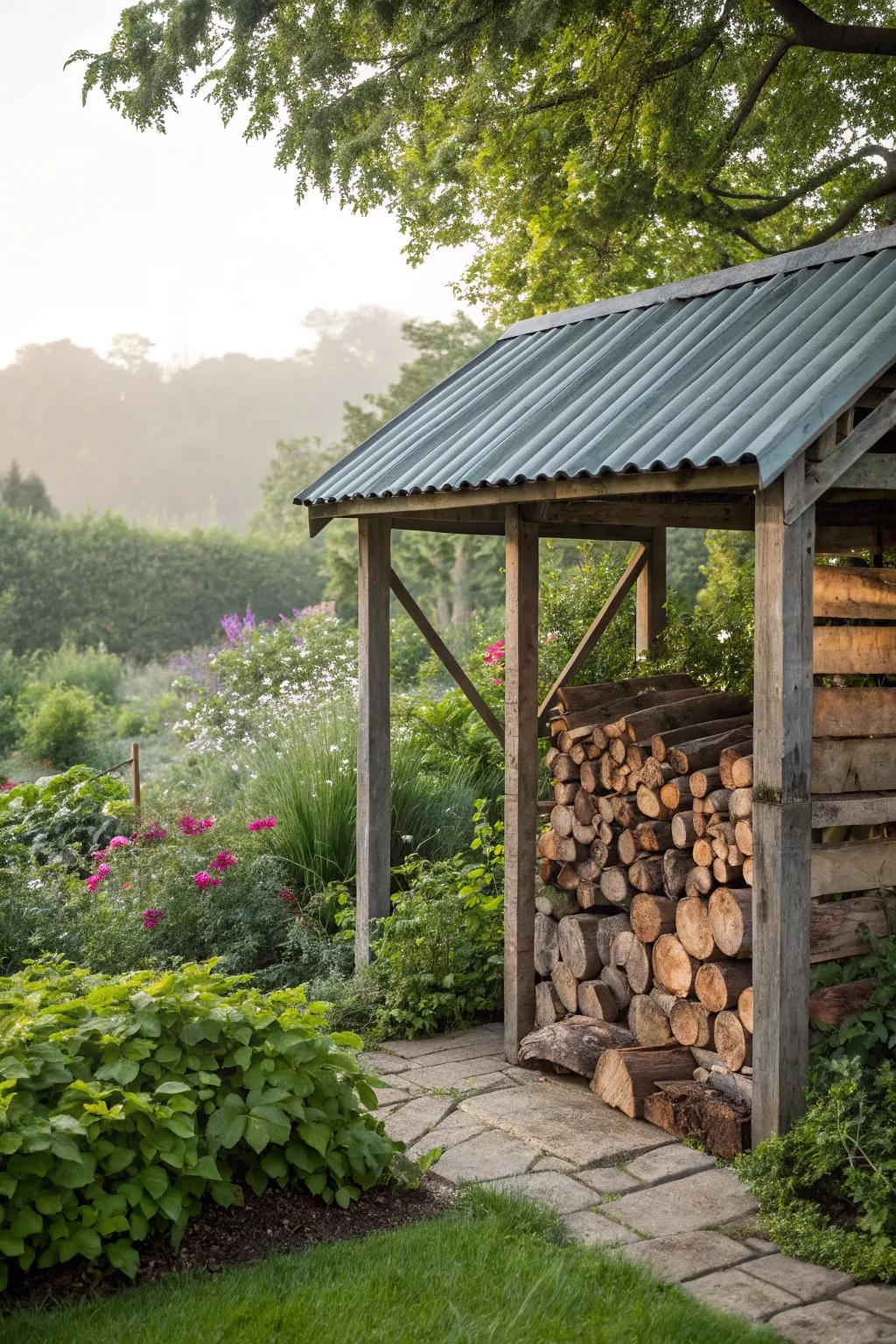 Covered outdoor rack protects firewood from the elements.