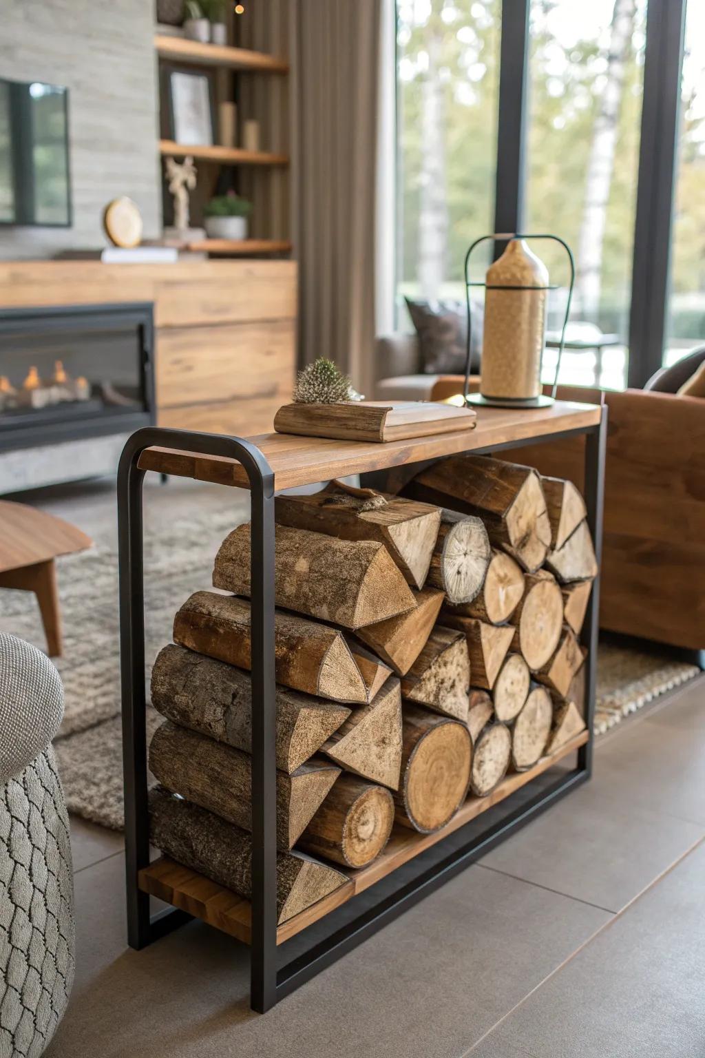 Chic log holder making firewood a stylish decor element.