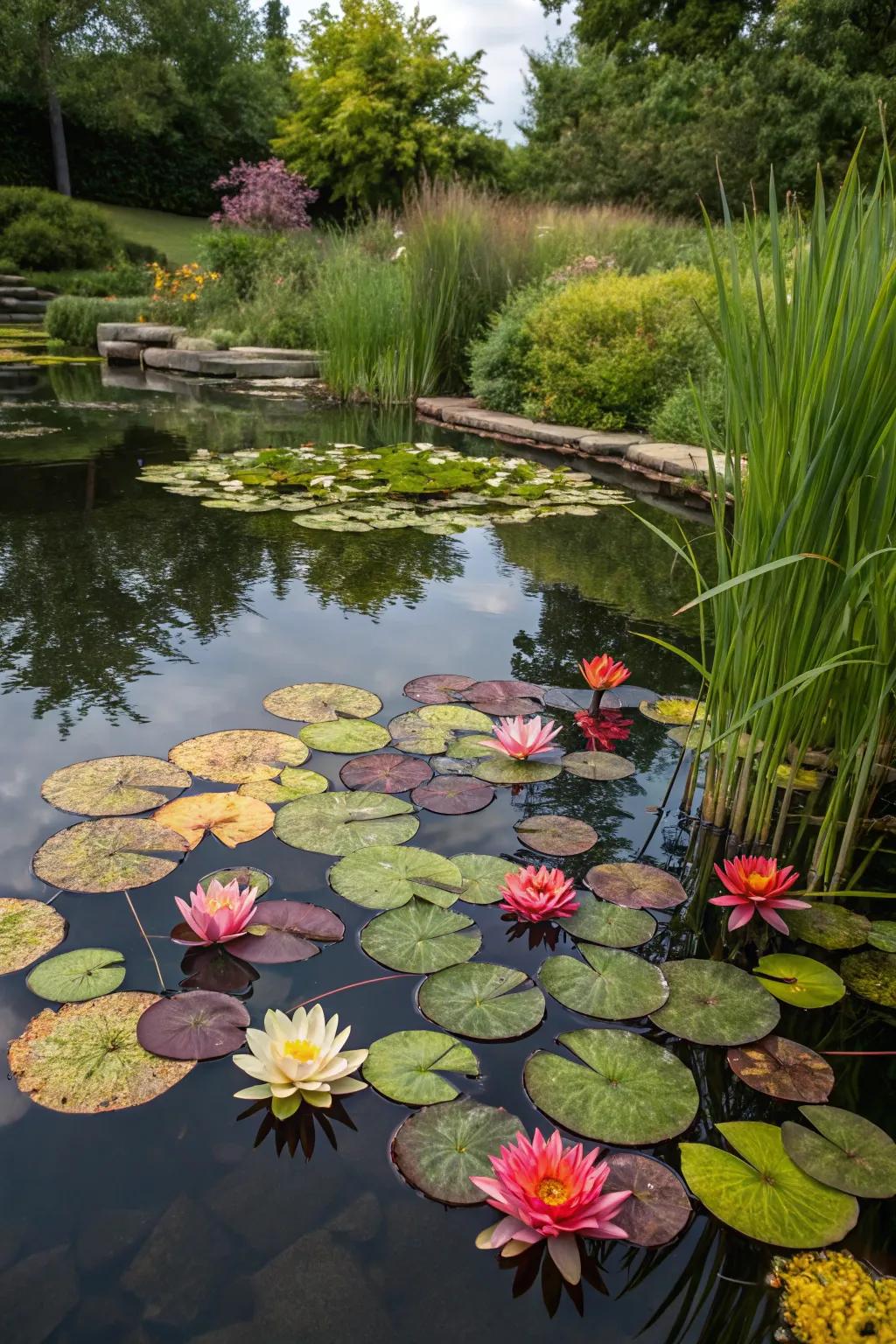 Colorful water lilies add natural beauty to a pond