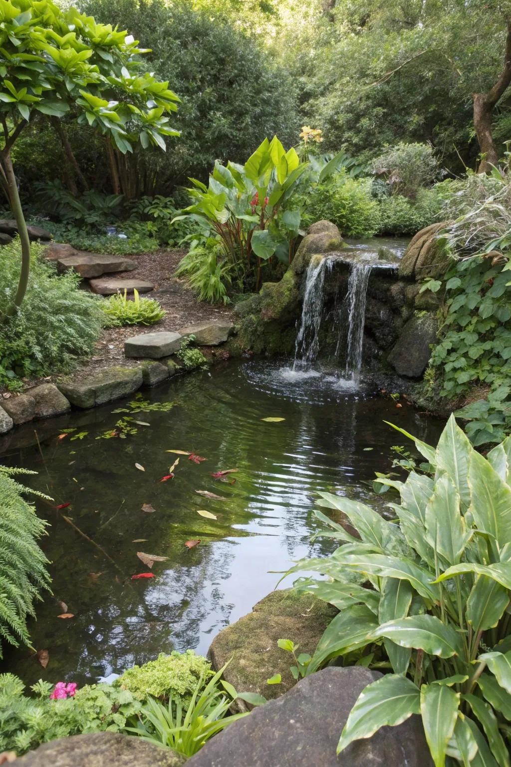 A gentle waterfall adds tranquility to a small fish pond.