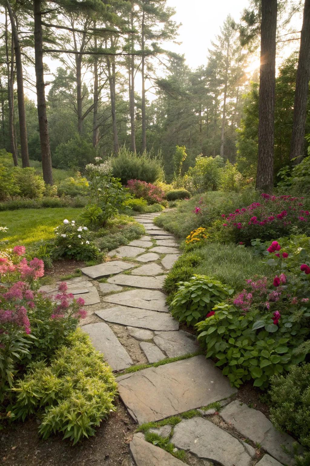Rustic flagstones create a harmonious and natural garden border.
