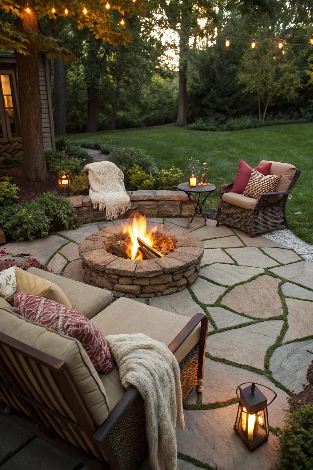 Gather around a fire pit surrounded by flagstone.
