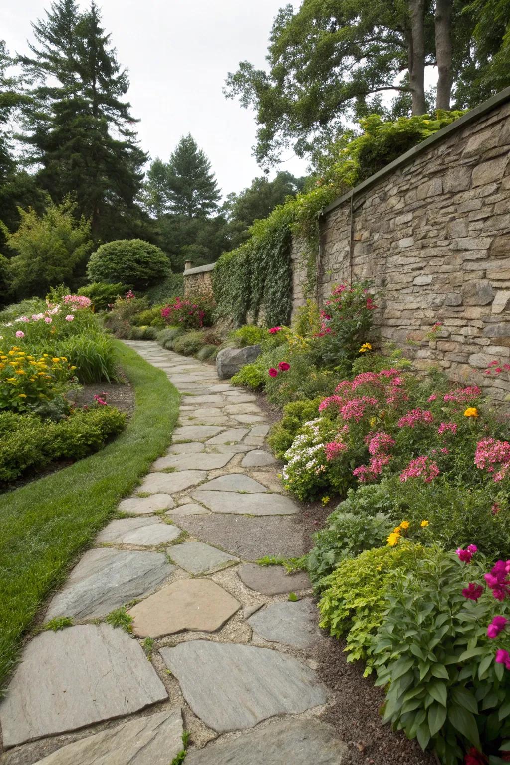 A picturesque flagstone path guiding through a lush garden