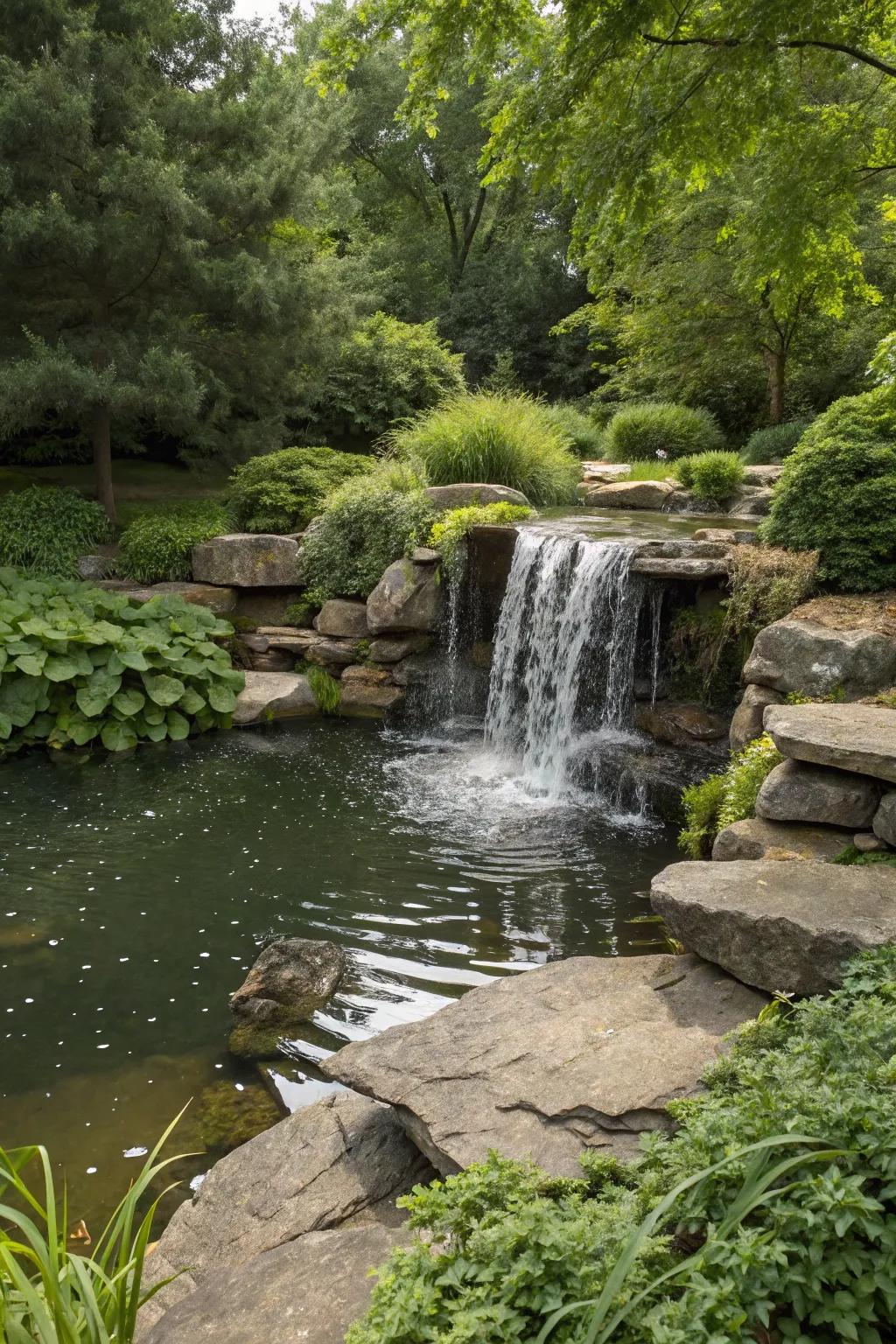 A flagstone waterfall with a pond, creating a tranquil oasis.
