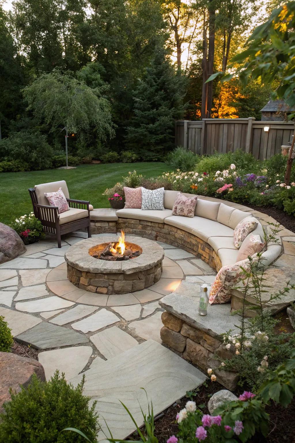 A welcoming flat rock fire pit area for socializing.
