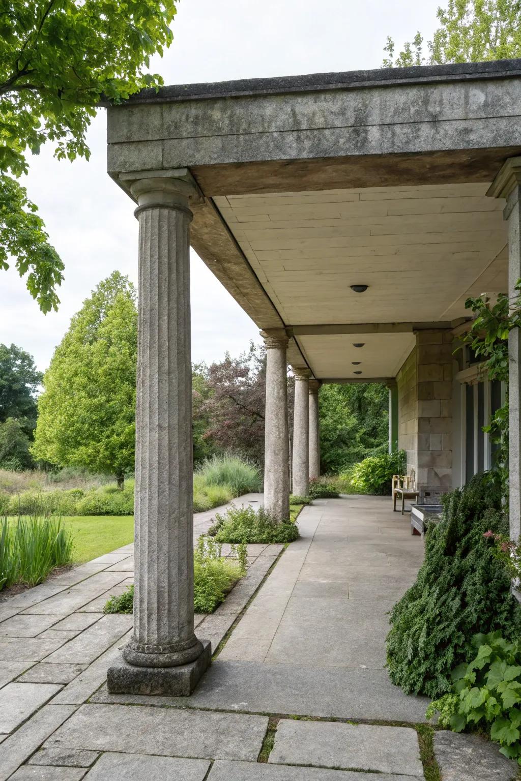 Stone pillars offer both strength and natural beauty to this flat roof portico.
