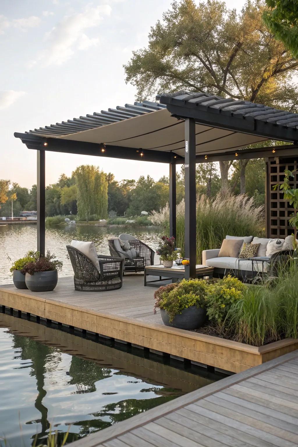 A stylish pergola adds both shade and flair to this floating patio.