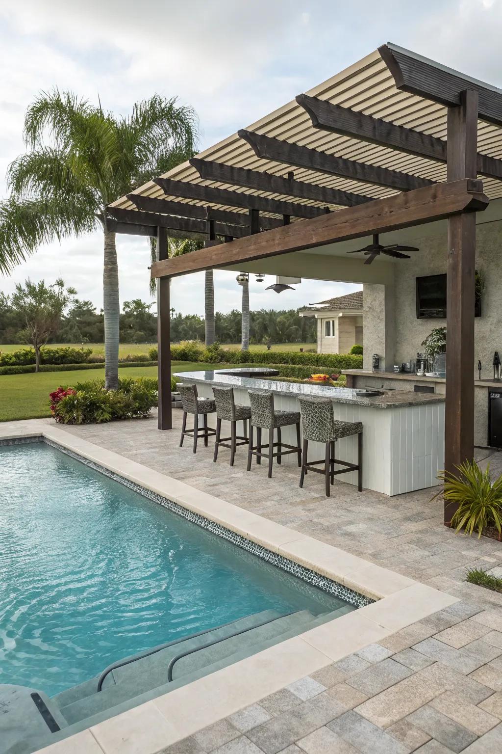 A chic swim-up bar perfect for entertaining by the pool.