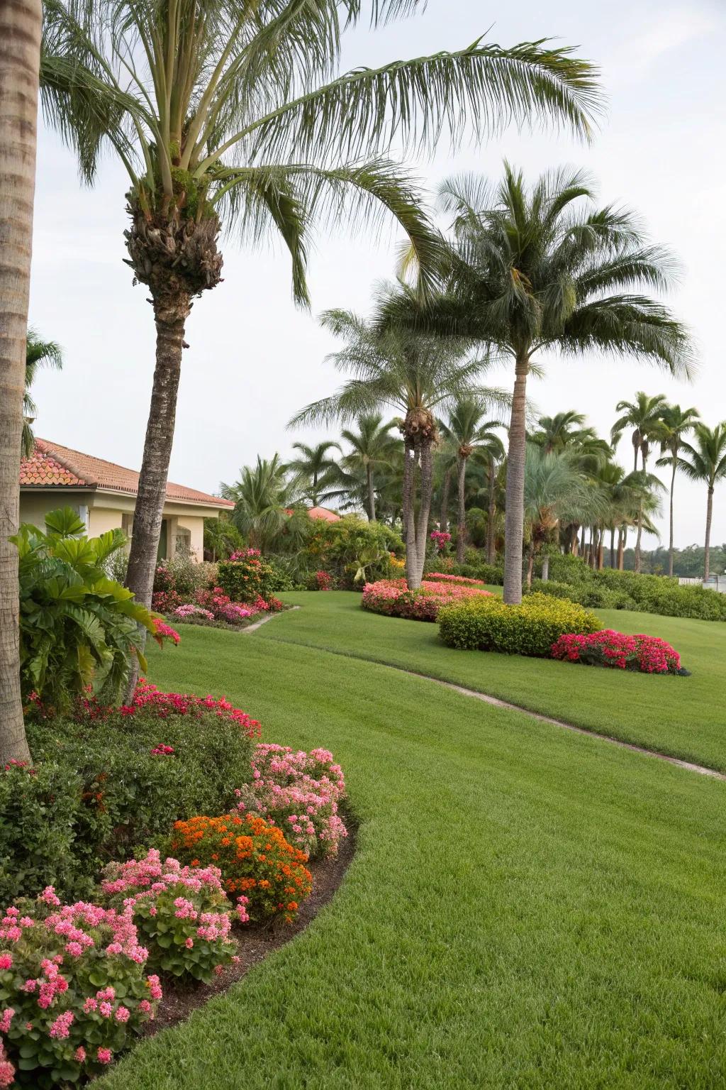 A lush, green lawn complements the tropical vibe of a Florida garden.