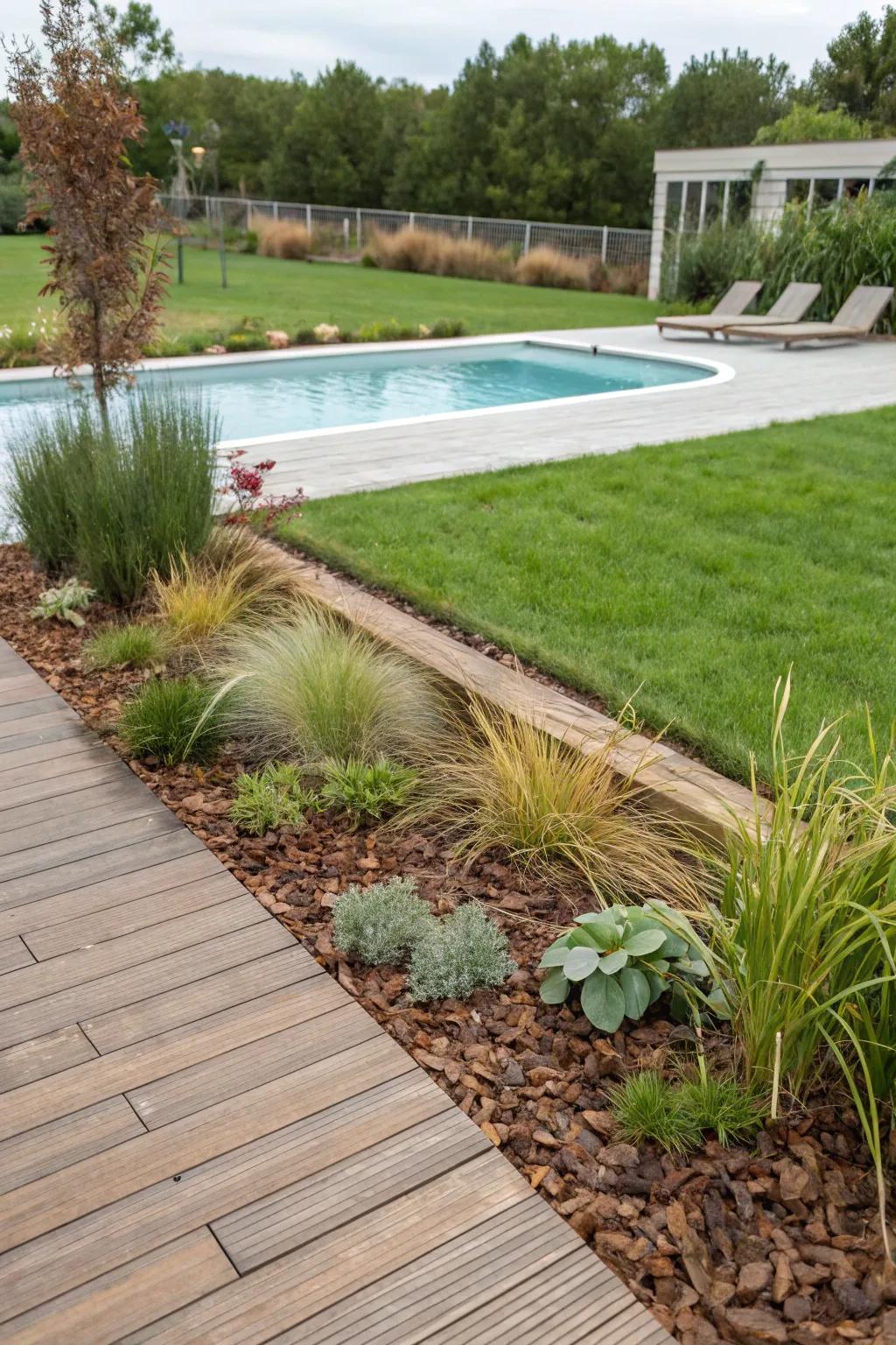 Create depth with a mix of textures like grass, wood, and mulch.