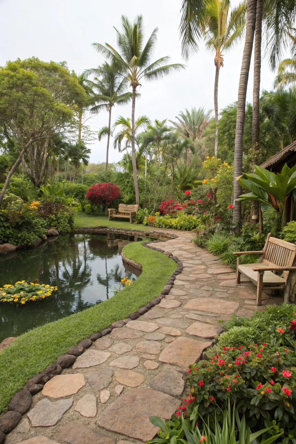 A water feature adds tranquility to your tropical landscape.