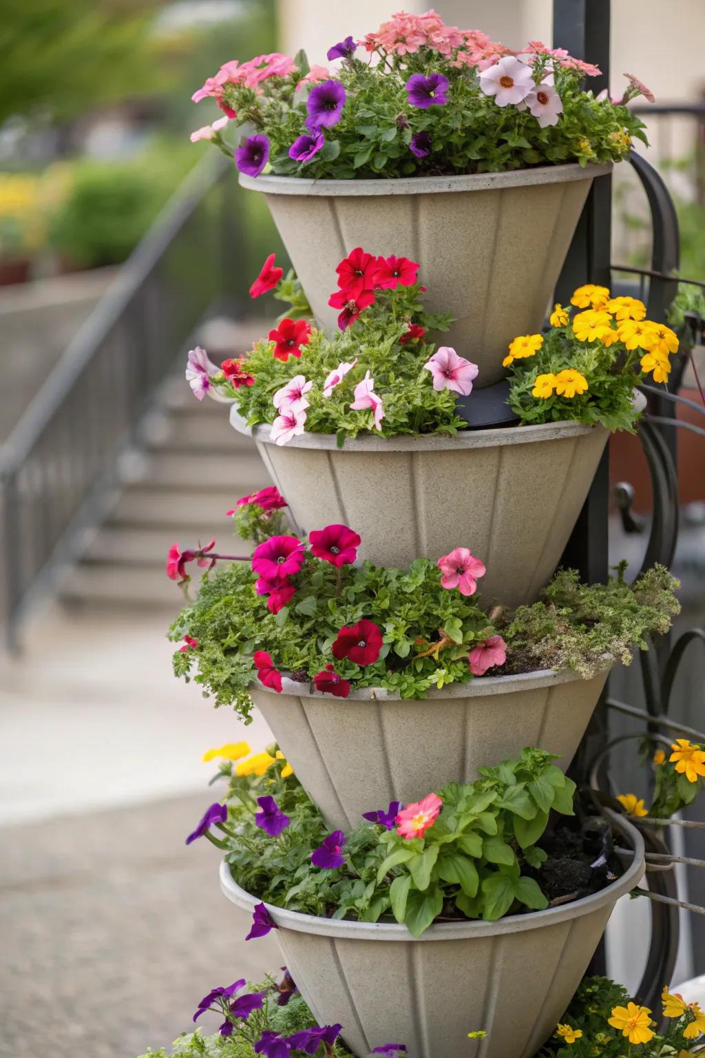Vertical planters create layers of beauty.