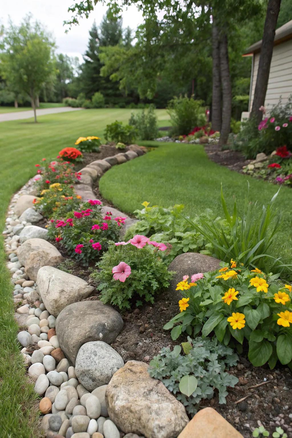 Rock edging provides a clean, structured look to this flower bed.