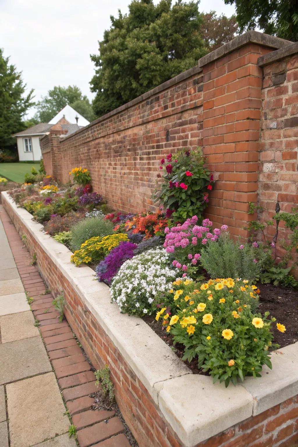 Brick walls provide timeless charm and structure to flower beds.