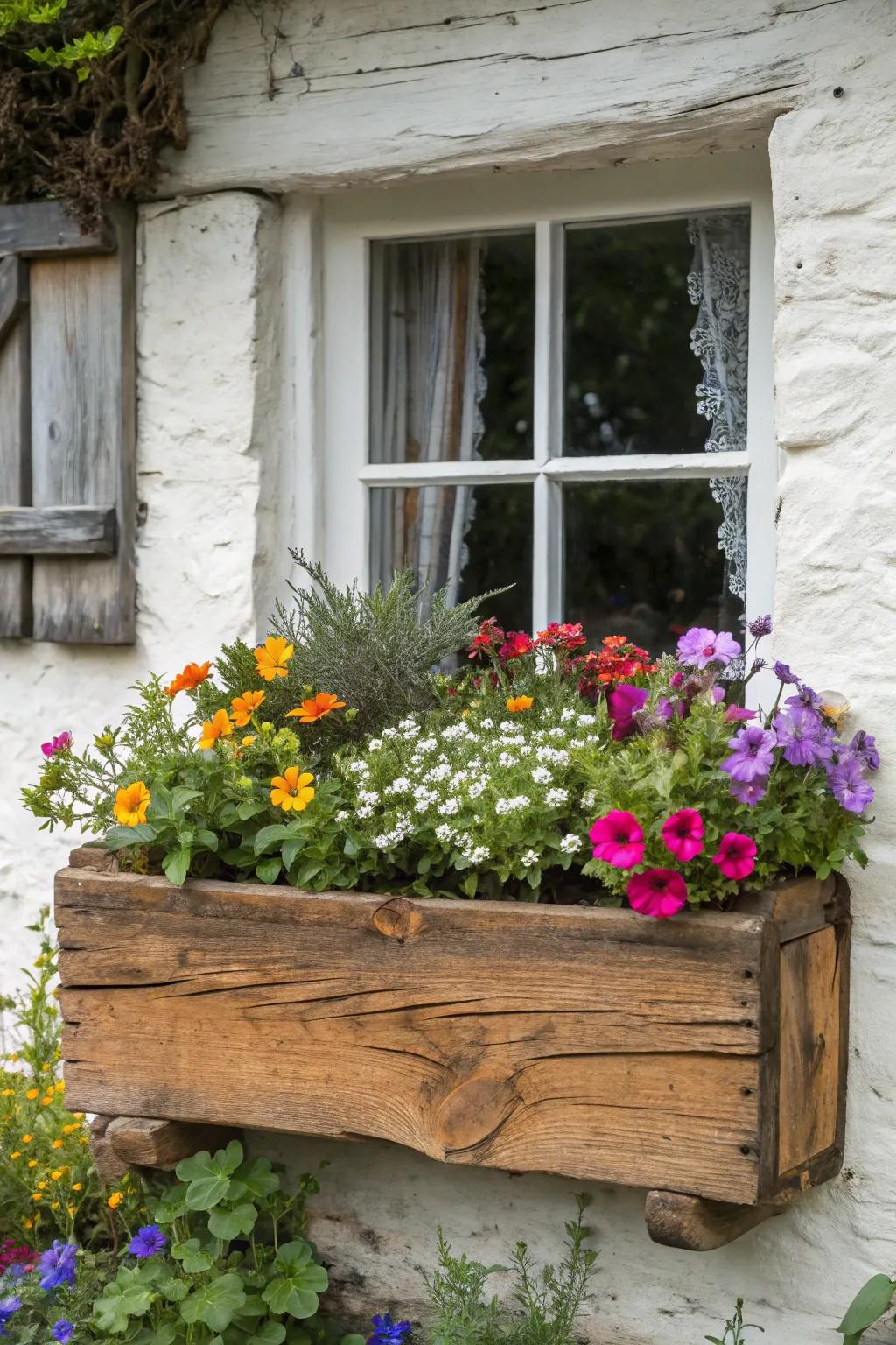 Rustic wooden flower boxes add character and charm to any home.
