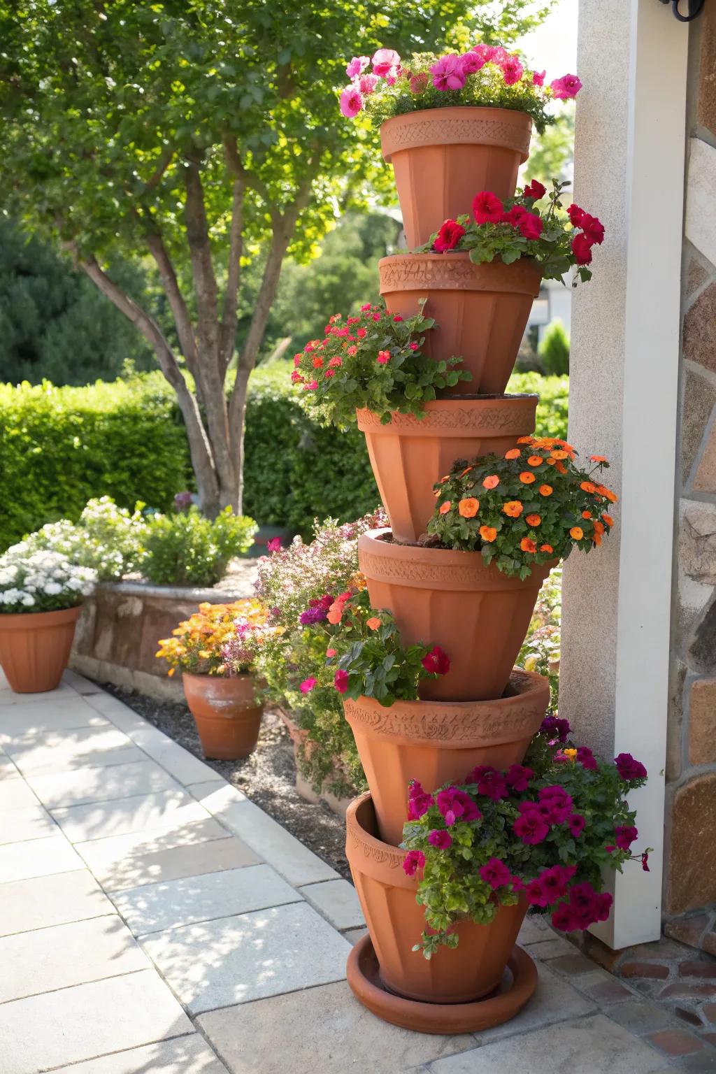 Create a vertical garden with stacked terracotta pots.