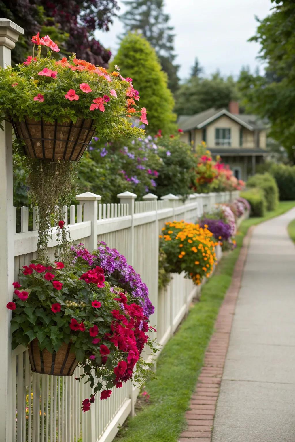 Elegant hanging baskets on a garden fence.