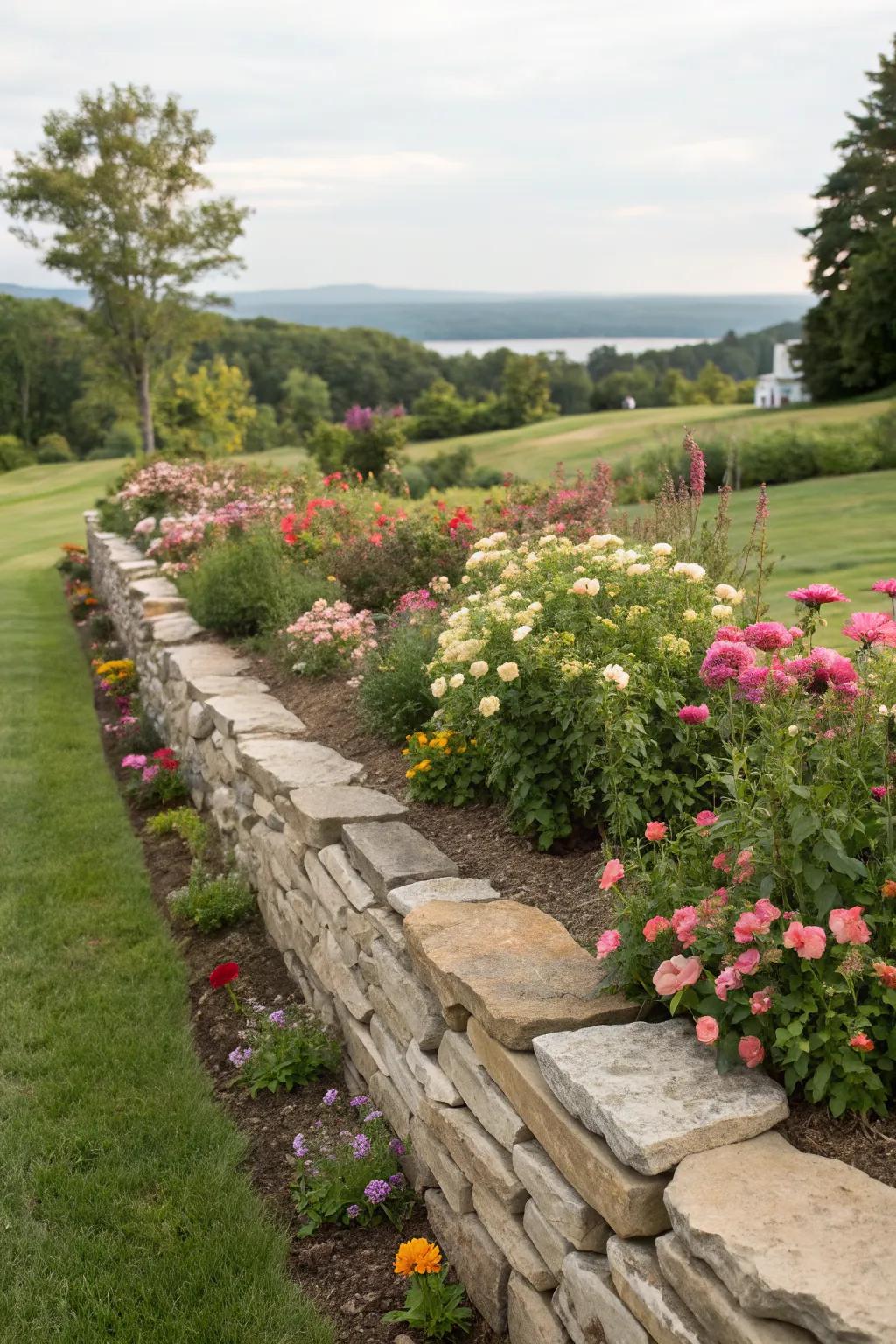 Stacked stones provide a timeless and elegant garden border.
